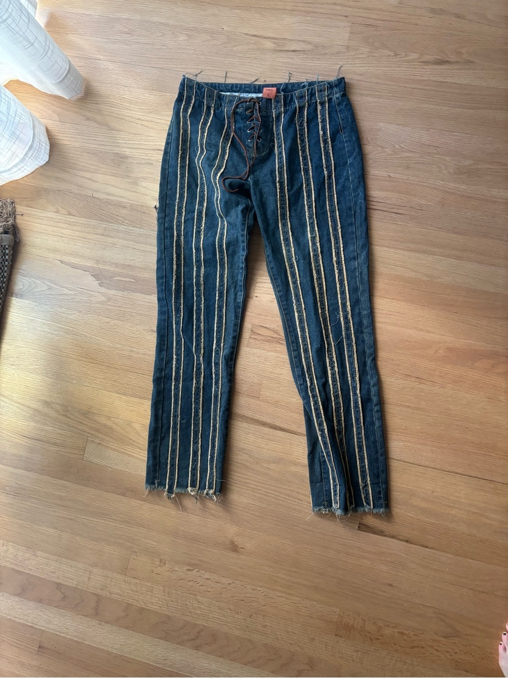 Striped Lace-Up Denim Pants in Dark Blue with Beige Stripes